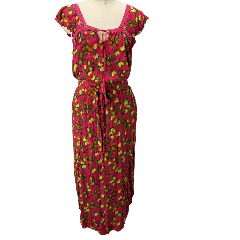 Signature Studio XL Pink Lemon Fruit Print Maxi Skirt & Top Flutter Sleeve Slit